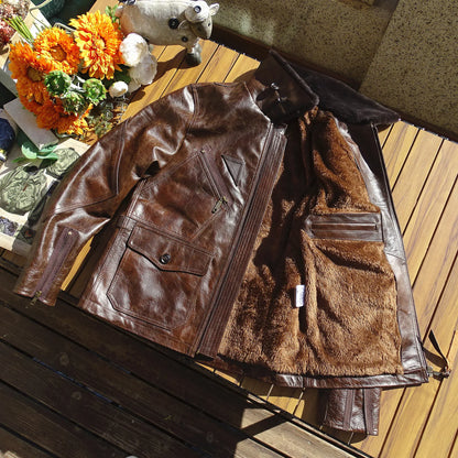 Men's Leather Flight Jacket Chocolate Military Style Vintage WinterCoat