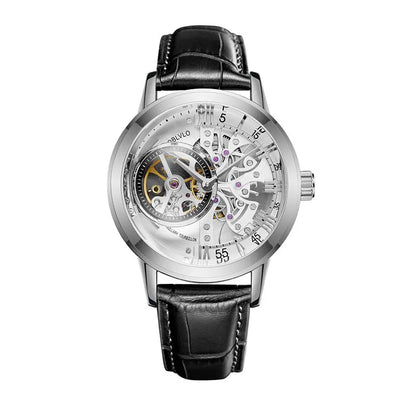 OBLVLO Top Brand Casual Mens Skeleton Dial Genuine Leather Watch