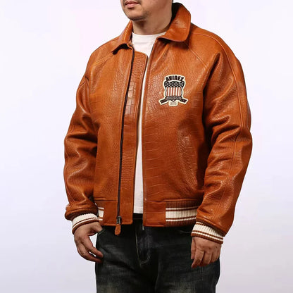 Fat plus size casual sports leather flight suit jacket men's European and American lapel sheepskin tops