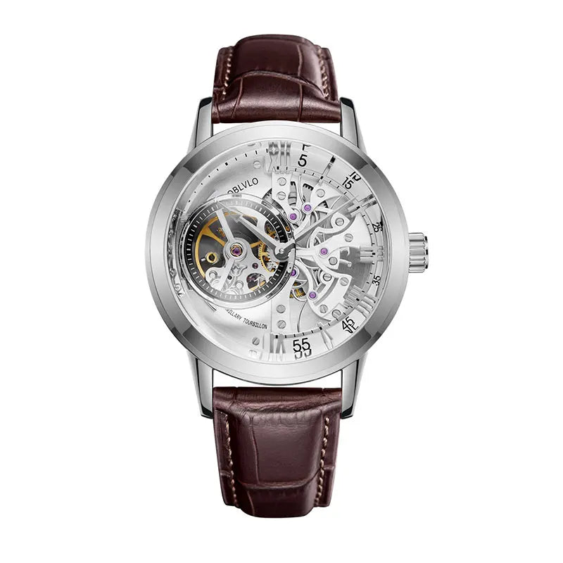 OBLVLO Top Brand Casual Mens Skeleton Dial Genuine Leather Watch