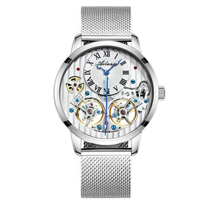 AILANG Double Tourbillon Automatic Flying Waterproof Relogio Leather Men Wristwatch