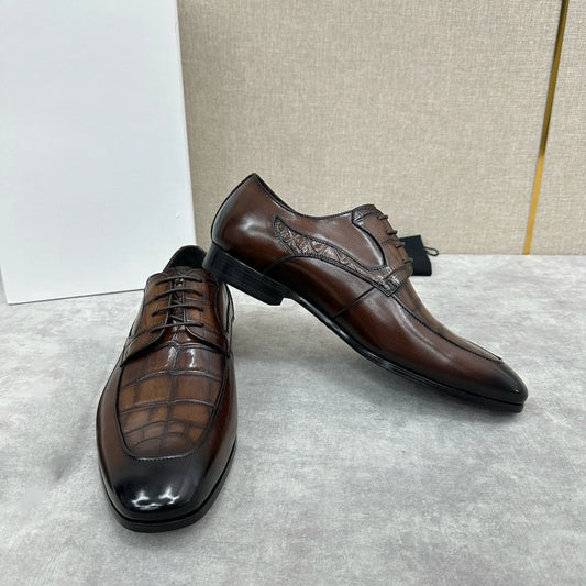 Men's fashion handmade crocodile patterned cowhide formal leather shoes