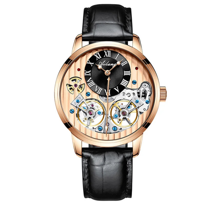 AILANG Double Tourbillon Automatic Flying Waterproof Relogio Leather Men Wristwatch