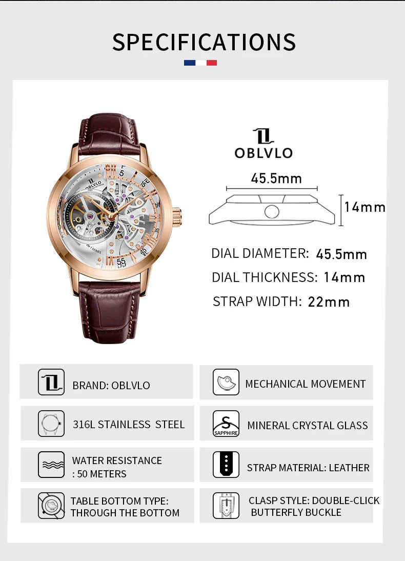OBLVLO Top Brand Casual Mens Skeleton Dial Genuine Leather Watch