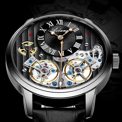 AILANG Double Tourbillon Automatic Flying Waterproof Relogio Leather Men Wristwatch