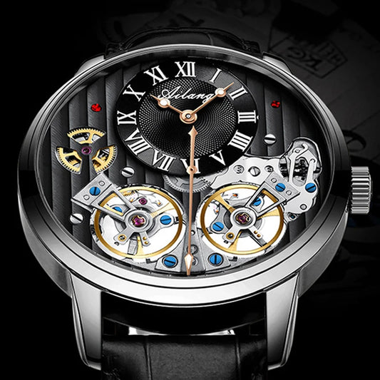 AILANG Double Tourbillon Automatic Flying Waterproof Relogio Leather Men Wristwatch