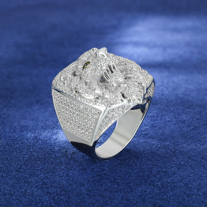 Luxury S925 D VVS Moissanite Iced Out Prong Setting Lion Head Men's Ring