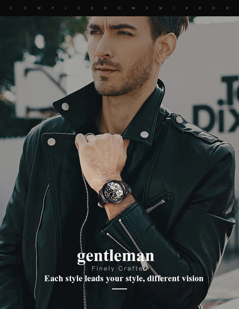 AILANG Double Tourbillon Automatic Flying Waterproof Relogio Leather Men Wristwatch