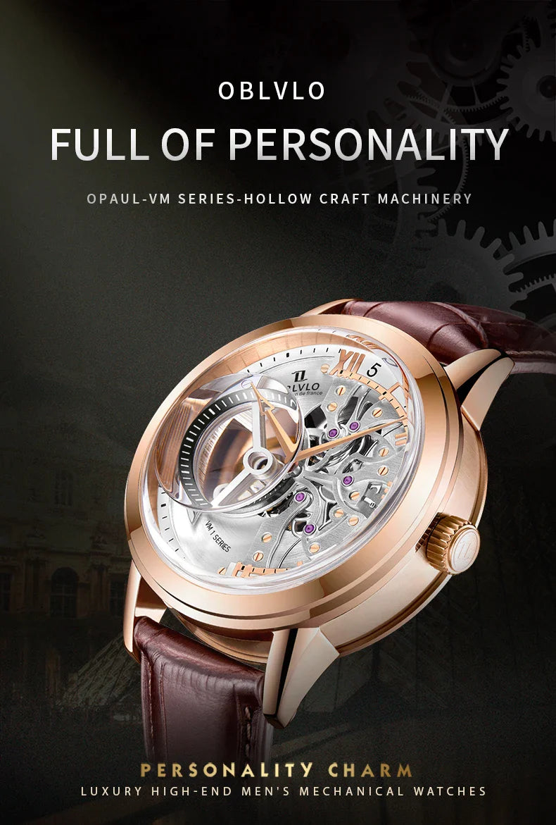 OBLVLO Top Brand Casual Mens Skeleton Dial Genuine Leather Watch