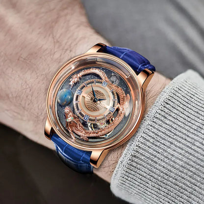 PINDU Design Art astronomique Sculpture Traditionnelle Artisanat Dragon dor en Trois Dimensions Men Watch