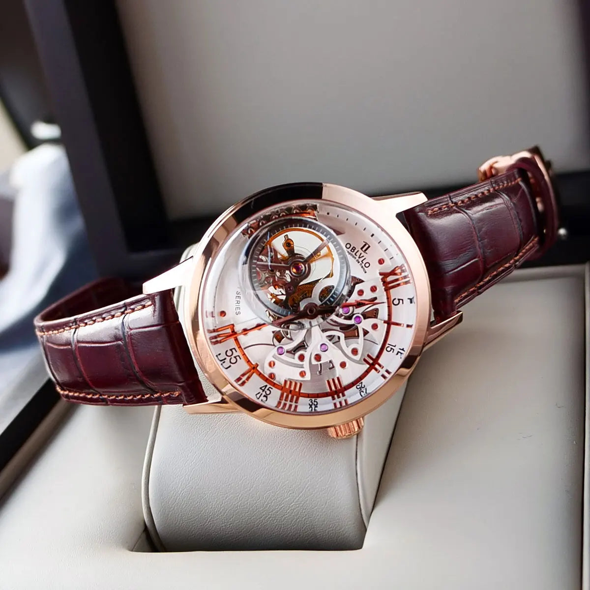 OBLVLO Top Brand Casual Mens Skeleton Dial Genuine Leather Watch