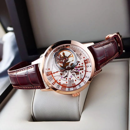 OBLVLO Top Brand Casual Mens Skeleton Dial Genuine Leather Watch