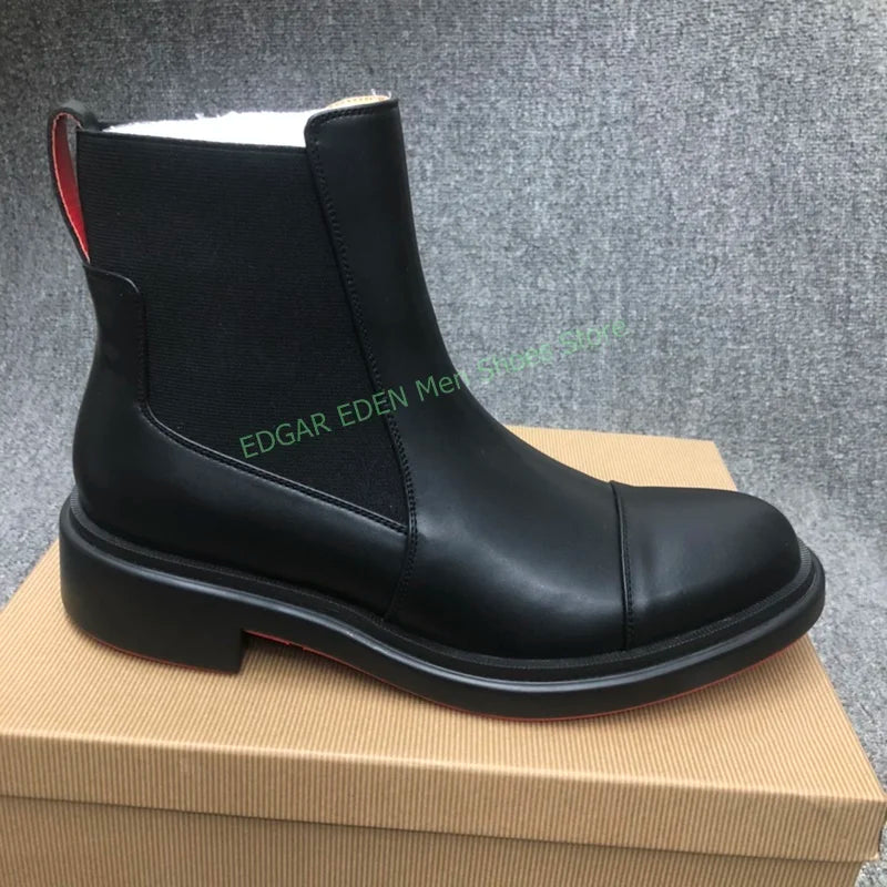 Classic Black Genuine Leather Spliced Elastic Knitted Men Ankle Boots