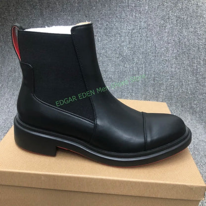 Classic Black Genuine Leather Spliced Elastic Knitted Men Ankle Boots