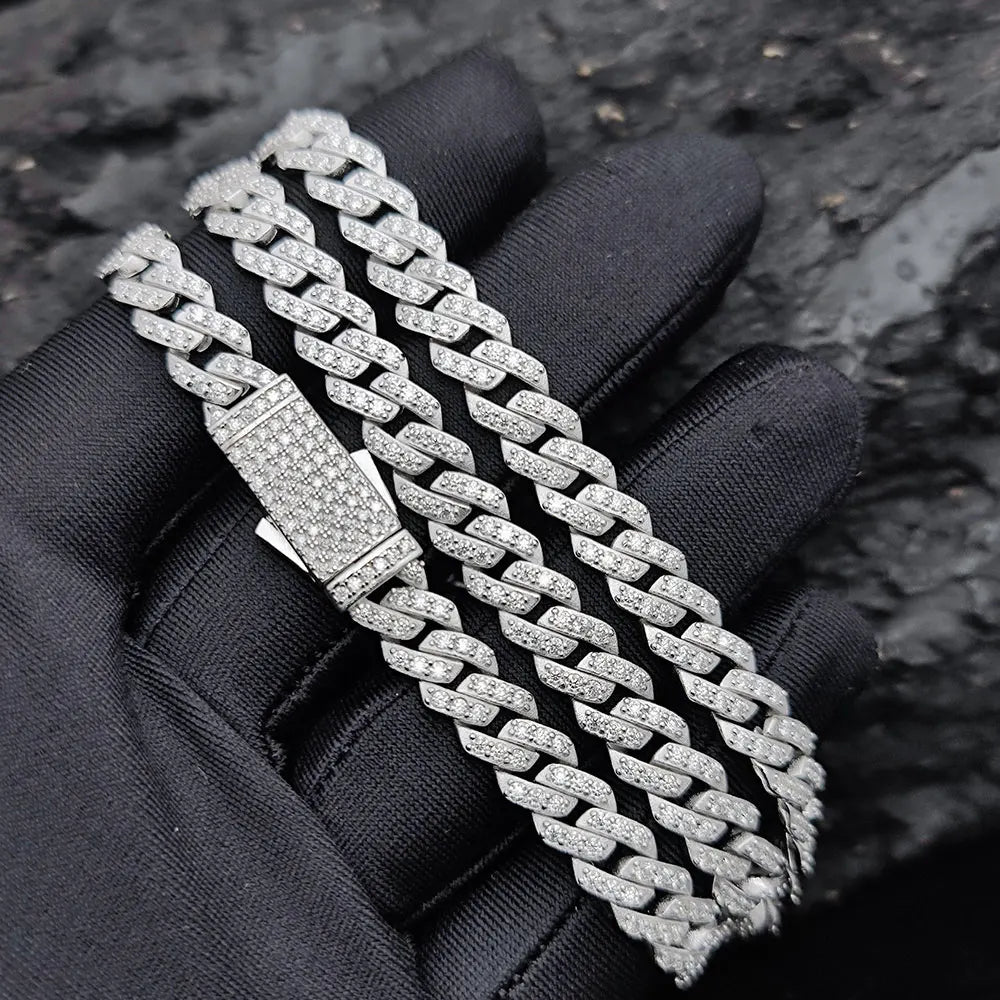 Diamond Hip Hop Jewelry VVS1 Stone Shiny 2row 3row Unisex 925 Sterling Silver Necklace Moissanite Chain