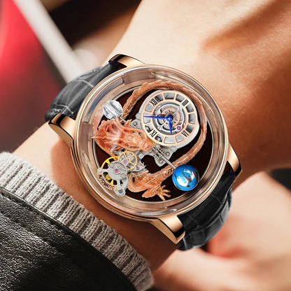 PINDU Design Art astronomique Sculpture Traditionnelle Artisanat Dragon dor en Trois Dimensions Men Watch