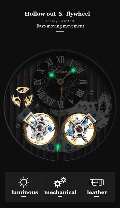 AILANG Double Tourbillon Automatic Flying Waterproof Relogio Leather Men Wristwatch