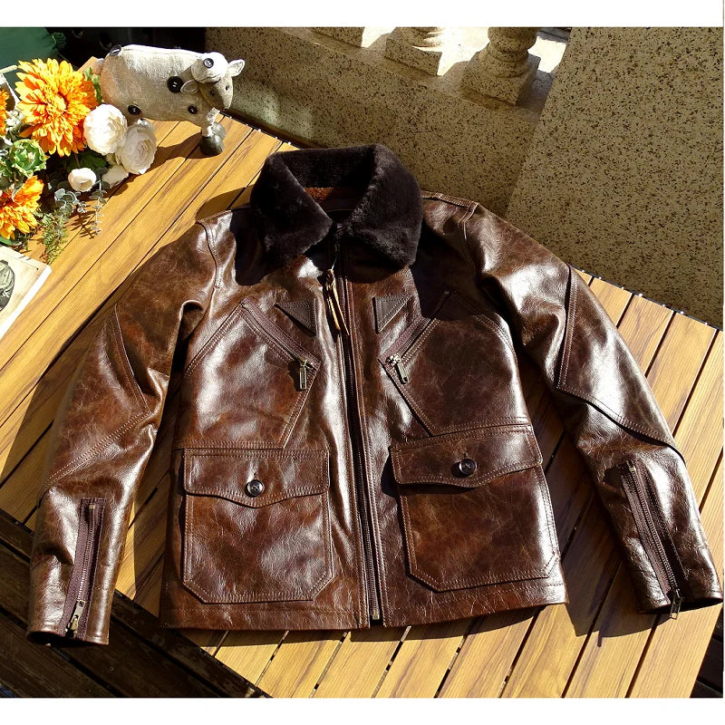 CC Shop Best Retro Brown navy thick winter warm leather cowhide jacket