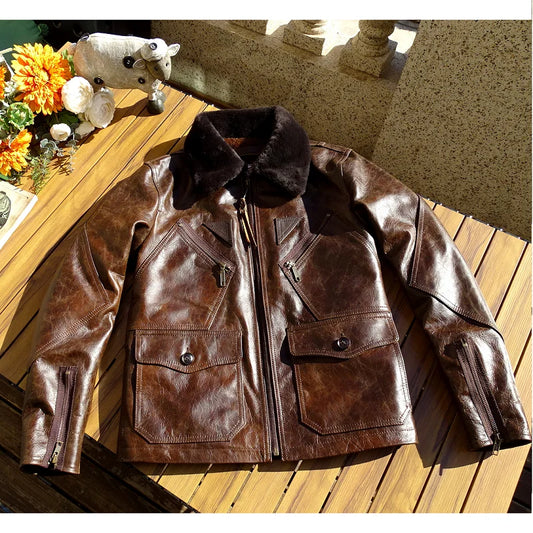 CC Shop Best Retro Brown navy thick winter warm leather cowhide jacket