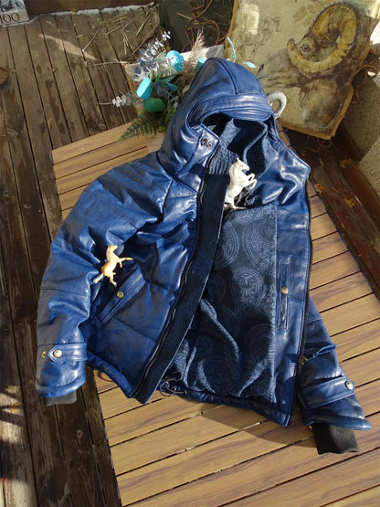 Batik horsehide cotton men women hat diagonal zipper horseshoe sleeve leather coat