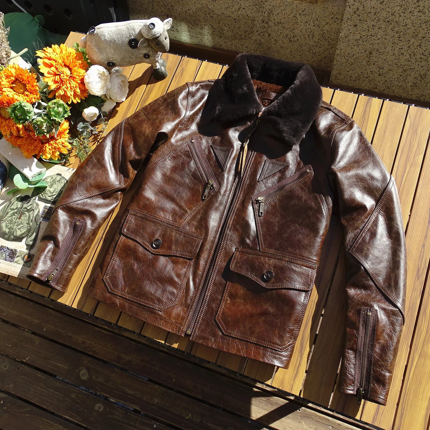 Men's Leather Flight Jacket Chocolate Military Style Vintage WinterCoat