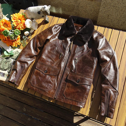 Men's Leather Flight Jacket Chocolate Military Style Vintage WinterCoat
