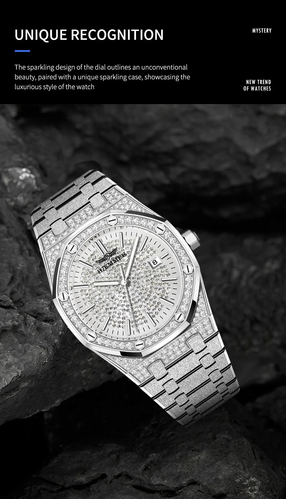 HAEMMER Luxury Fashion Men's Automatic Frame Original Silver Waterproof Clock Relogio Mechanical Watch