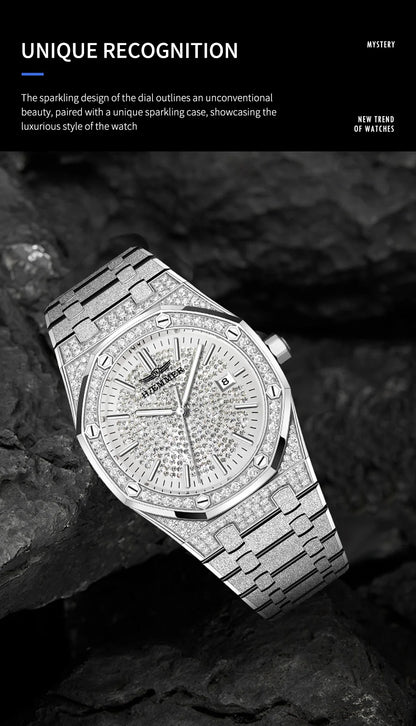 HAEMMER Luxury Fashion Men's Automatic Frame Original Silver Waterproof Clock Relogio Mechanical Watch