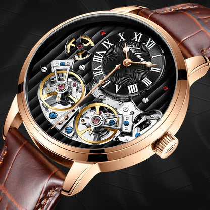 AILANG Double Tourbillon Automatic Flying Waterproof Relogio Leather Men Wristwatch