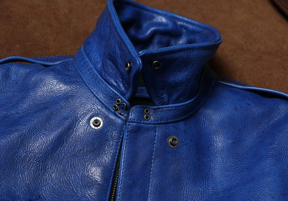 Wax Feel Unpainted Indigo Dyed Cowhide Jacket