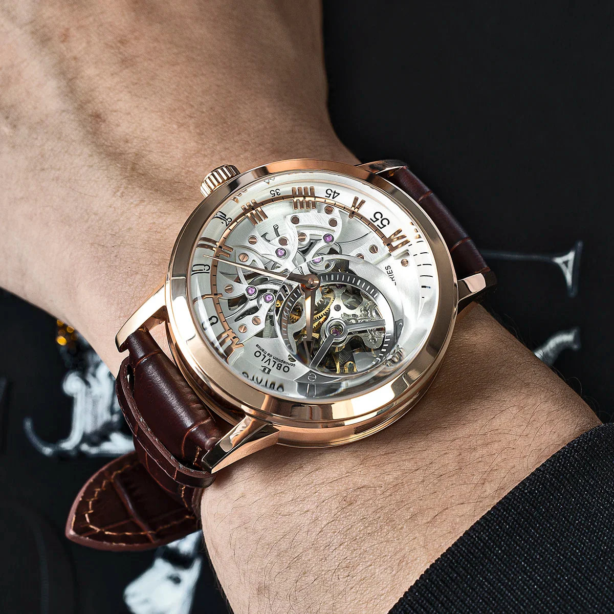OBLVLO Top Brand Casual Mens Skeleton Dial Genuine Leather Watch