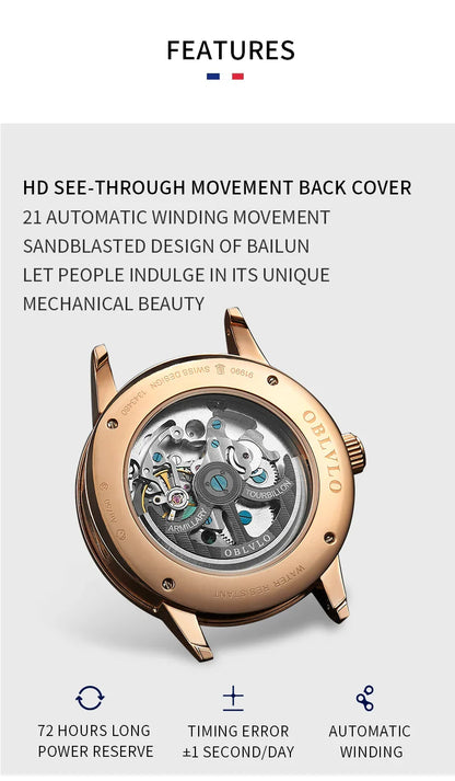 OBLVLO Top Brand Casual Mens Skeleton Dial Genuine Leather Watch