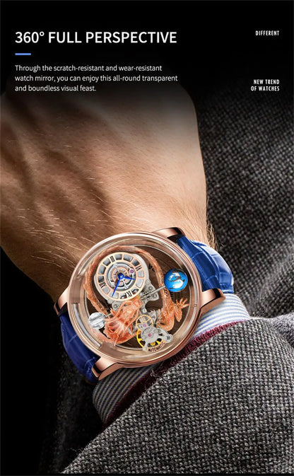 PINDU Design Art astronomique Sculpture Traditionnelle Artisanat Dragon dor en Trois Dimensions Men Watch