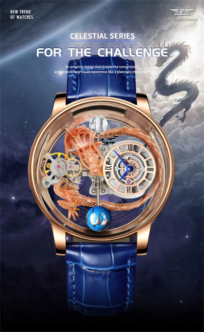 PINDU Design Art astronomique Sculpture Traditionnelle Artisanat Dragon dor en Trois Dimensions Men Watch