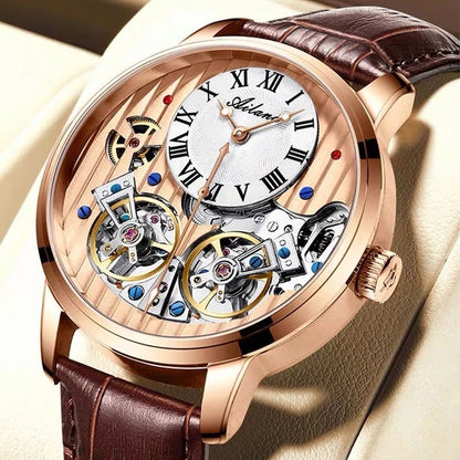 AILANG Double Tourbillon Automatic Flying Waterproof Relogio Leather Men Wristwatch