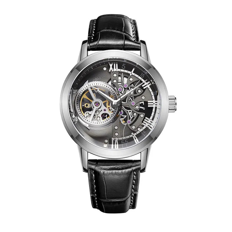 OBLVLO Top Brand Casual Mens Skeleton Dial Genuine Leather Watch