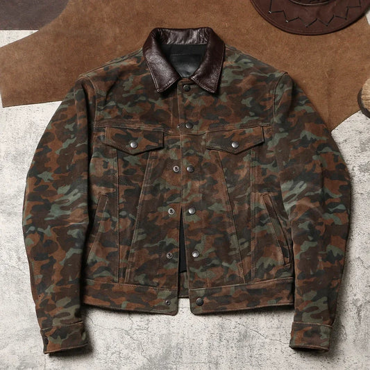 Brando Camouflage Heavy-duty Frosted Cowhide Jacket