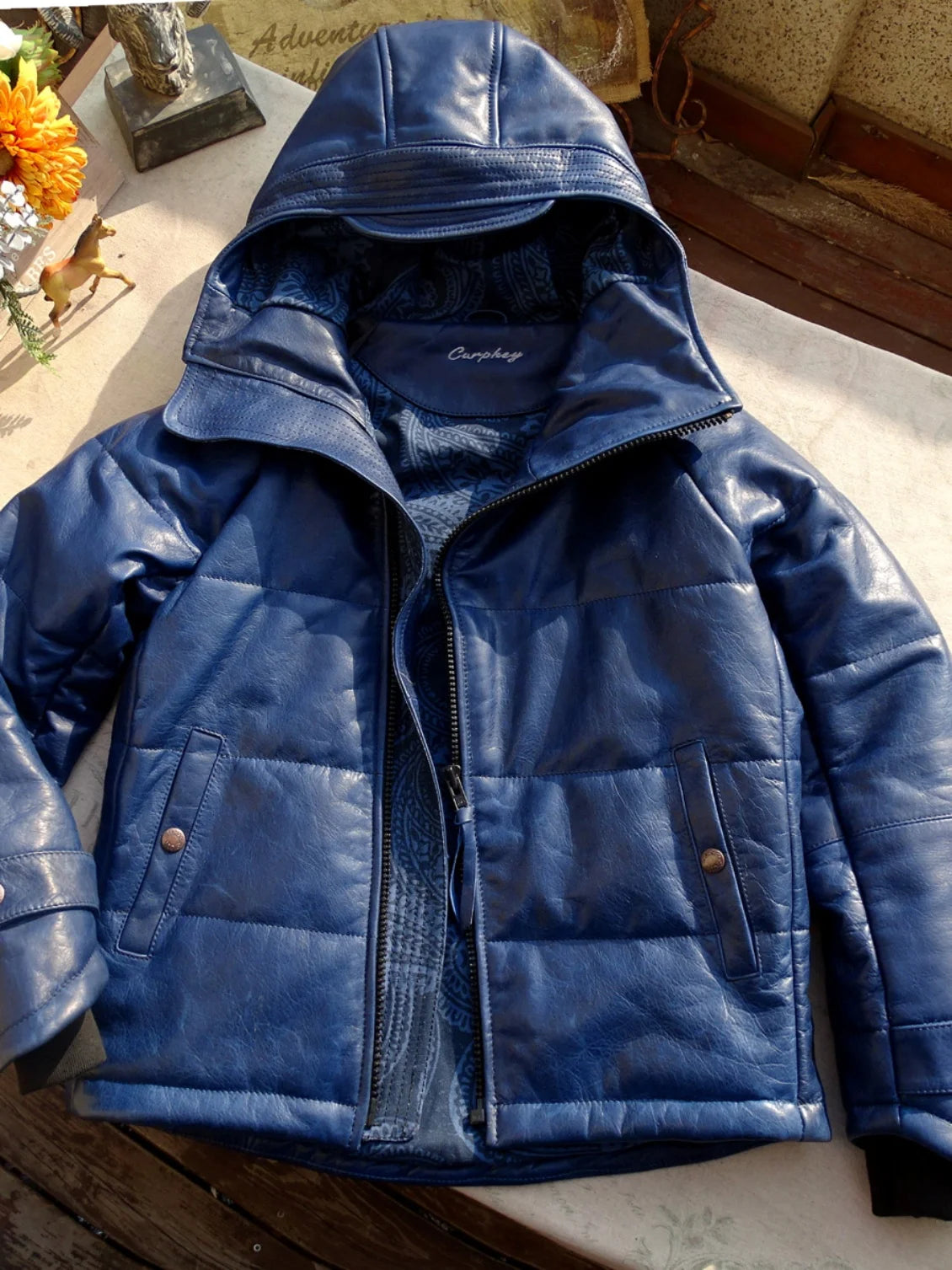 Batik horsehide cotton men women hat diagonal zipper horseshoe sleeve leather coat