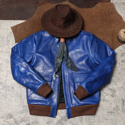 Wax Feel Unpainted Indigo Dyed Cowhide Jacket