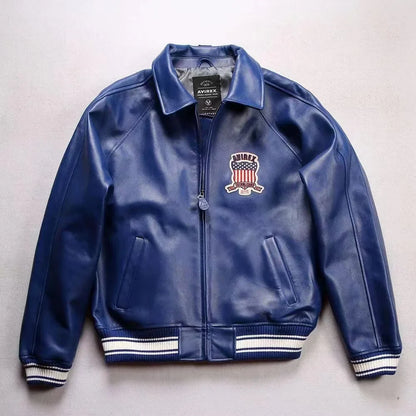 Fat plus size casual sports leather flight suit jacket men's European and American lapel sheepskin tops