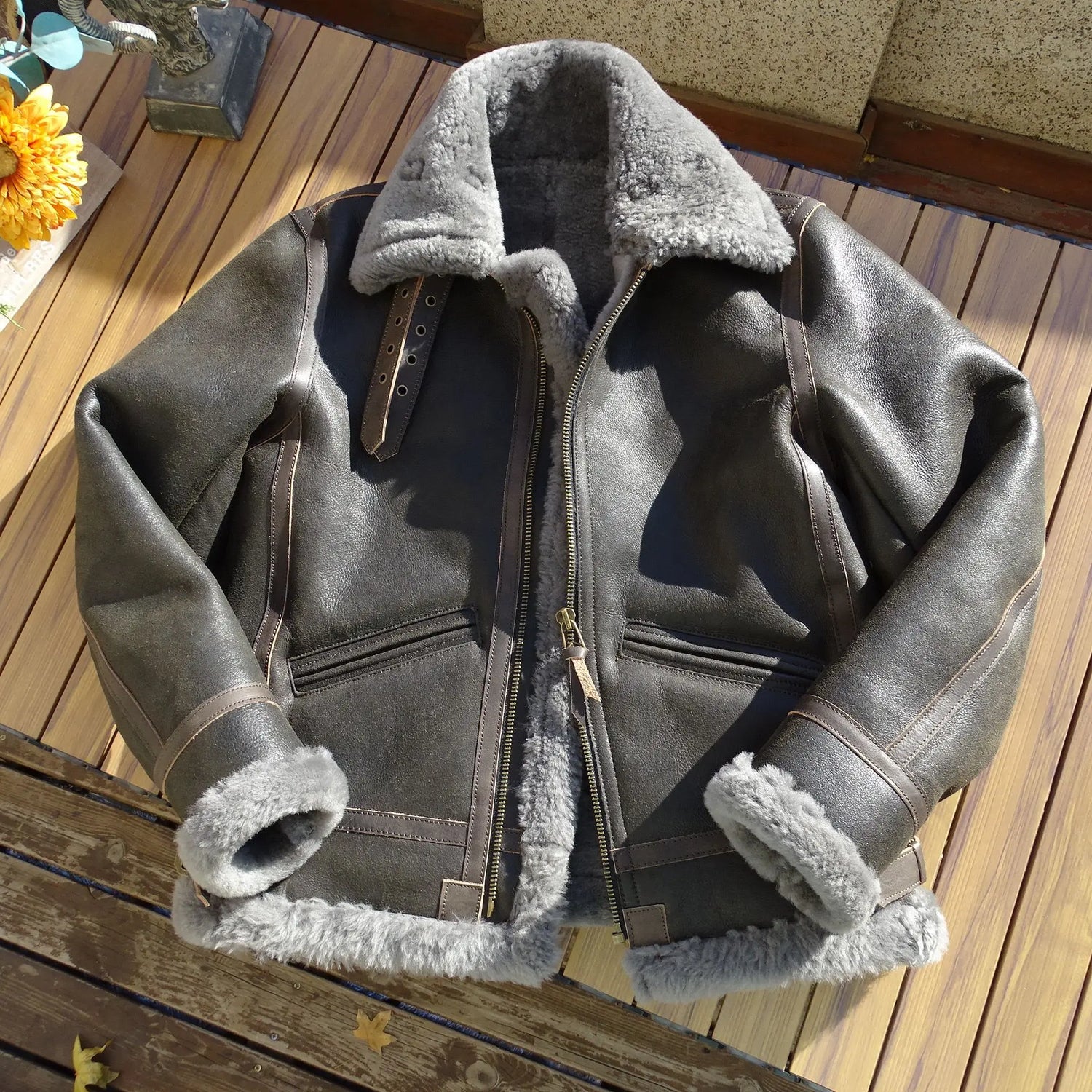 100 Percent Real Sheepskin Shearling Winter Men's Leather Coat