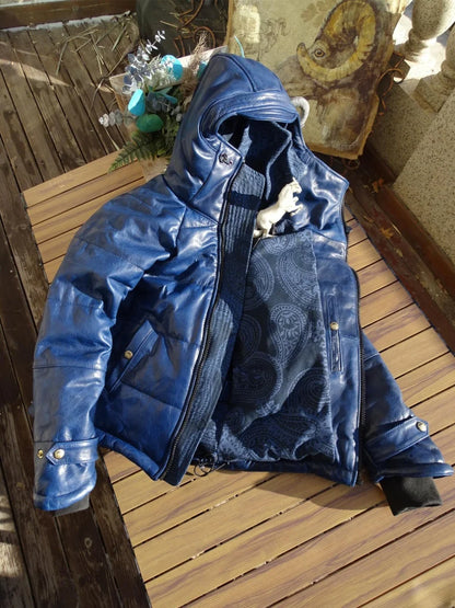Batik horsehide cotton men women hat diagonal zipper horseshoe sleeve leather coat