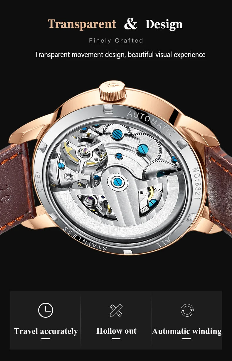 AILANG Double Tourbillon Automatic Flying Waterproof Relogio Leather Men Wristwatch