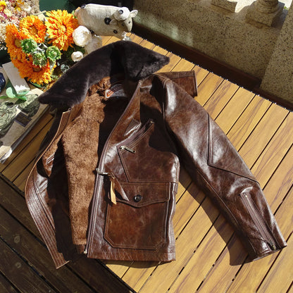Men's Leather Flight Jacket Chocolate Military Style Vintage WinterCoat