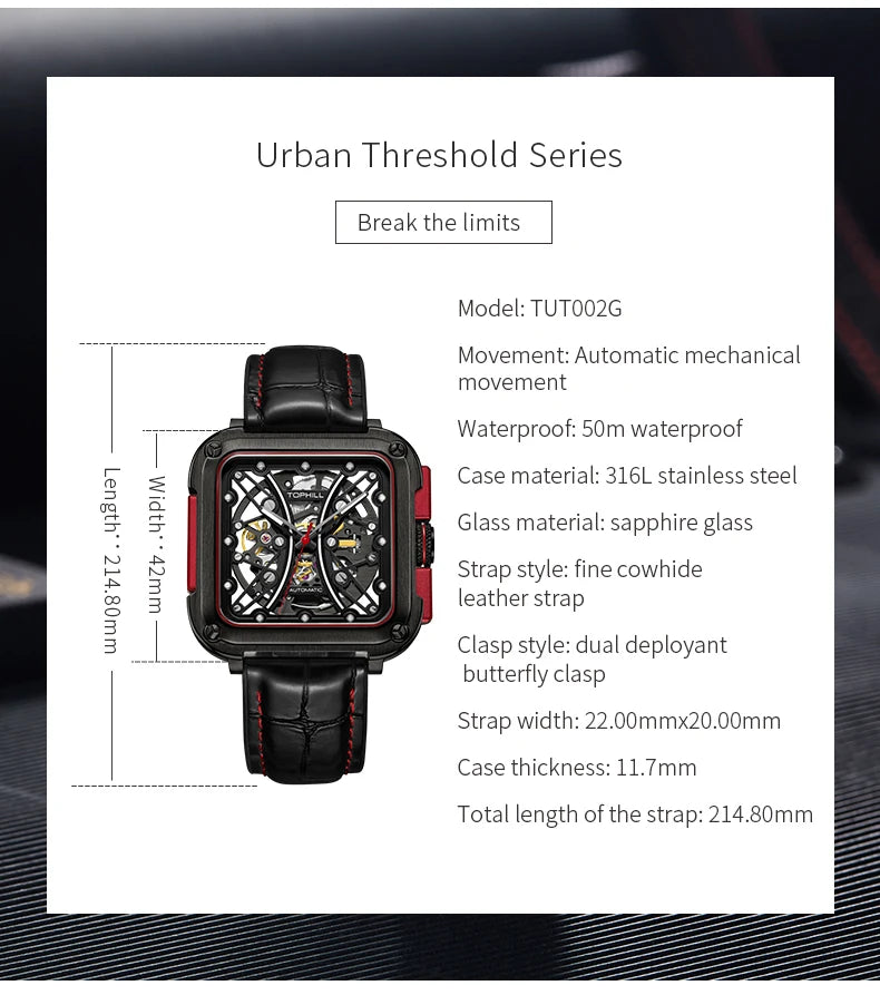 TOPHILL Hollow Men Mechanical Luminous Sapphire Waterproof TUT002 Wristwatch