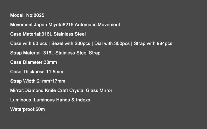 HANBORO Men Automatic Watch 38mm Luxury Mechanical Wristwatch Luminous 50M Waterproof Miyota 8215 Crystal Case