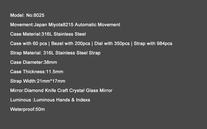 HANBORO Men Automatic Watch 38mm Luxury Mechanical Wristwatch Luminous 50M Waterproof Miyota 8215 Crystal Case