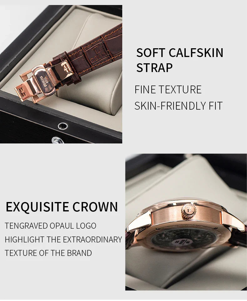OBLVLO Top Brand Casual Mens Skeleton Dial Genuine Leather Watch