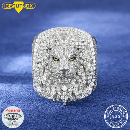 Luxury S925 D VVS Moissanite Iced Out Prong Setting Lion Head Men's Ring