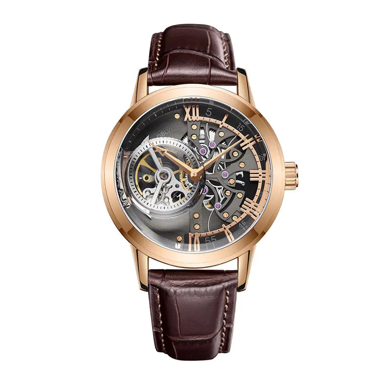 OBLVLO Top Brand Casual Mens Skeleton Dial Genuine Leather Watch
